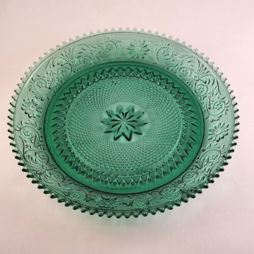 Indiana Glass Spruce Sandwich Tiara Green Platter Ribbed Trim Impressed Design