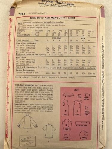 Simplicity 7362 Vintage Sewing Pattern Teen Boys and Men Jiffy Shirt 1976 38-40