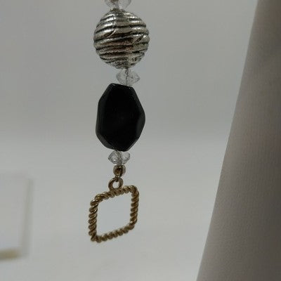 Silver Tone & Black Beaded 6" Bracelet with Clear Faceted Beads & Ribbed Gold