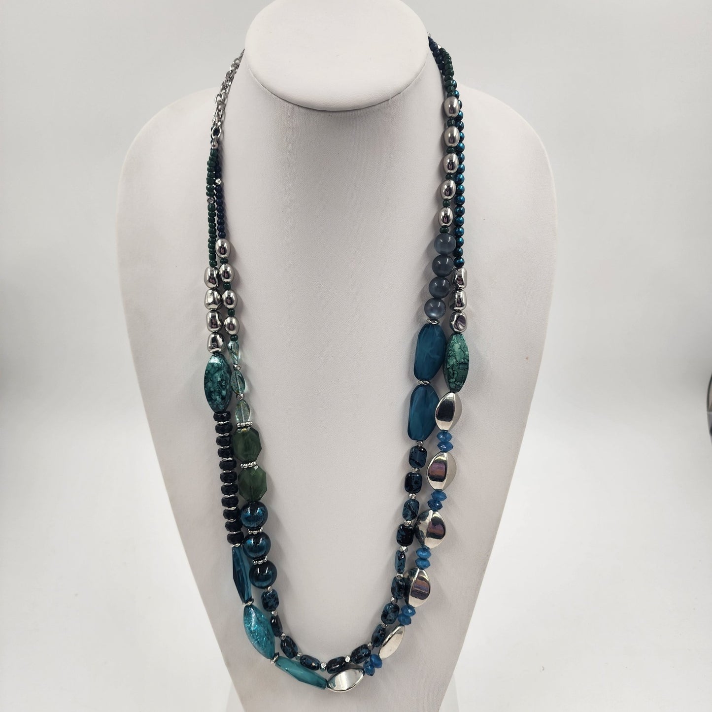 Catherines Double Strand Silver Tone Blue Black Green Faux Pearl Beads Necklace