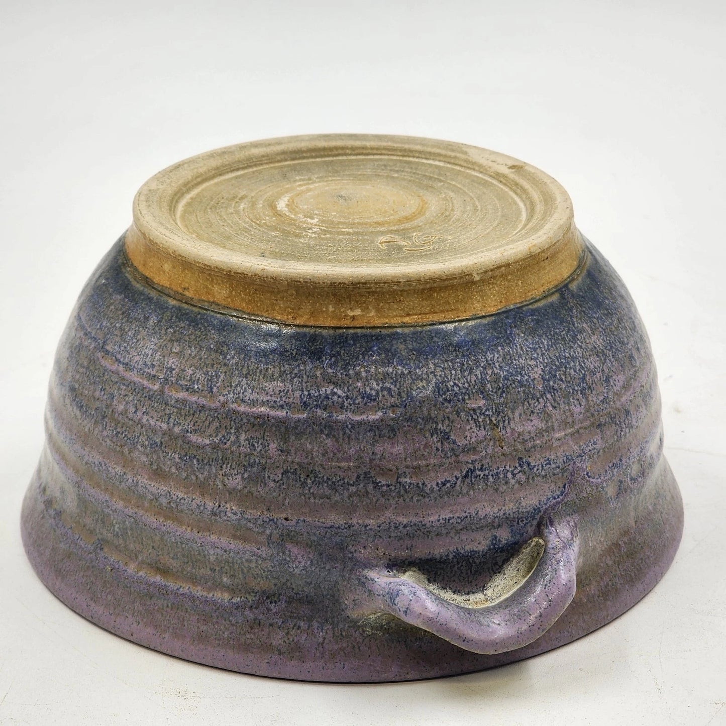 Handmade Pottery Bowl Art Studio Blue Purple Outer Yellow Inner Handled Signed