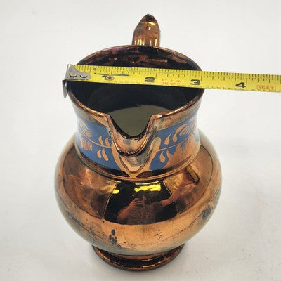 Copper Lusterware Small Creamer Pitcher Bronze & Cobalt Blue Band Floral 5.5"x3"