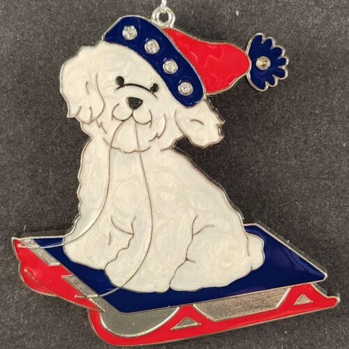 Danbury Mint Bichon Frise Metal JEWELED TREE & SLED Ornaments Enamel Finish