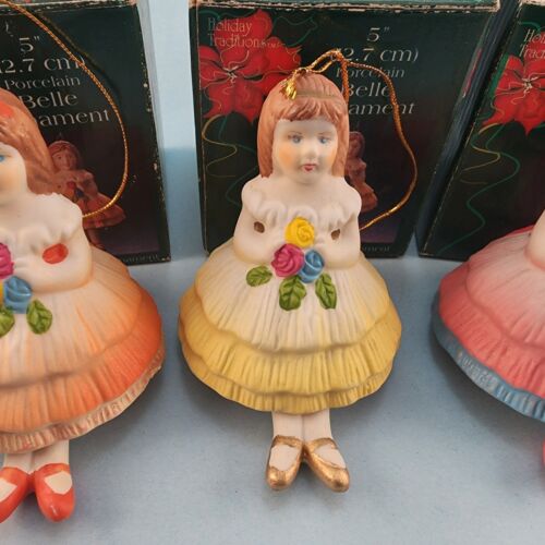 Three Young Girl Porcelain Bell Christmas Ornaments w Hanging Leg Chimes