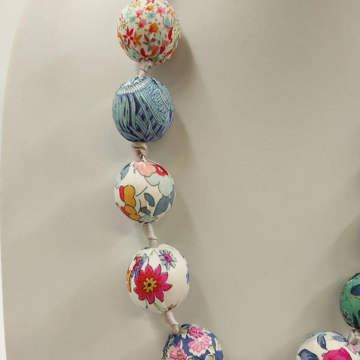 Multicolor Fabric Covered Beaded Boho Necklace Adjustable Satin Ribbon Tie