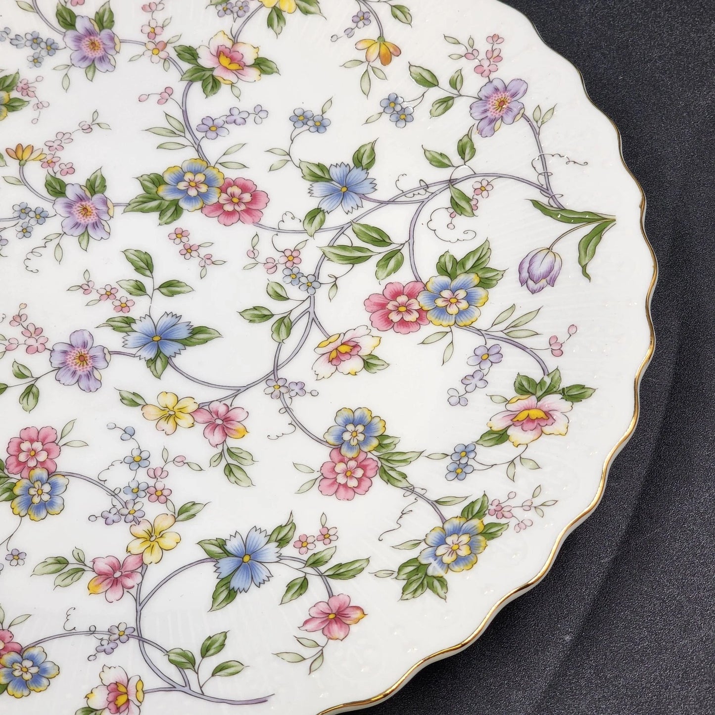 Andrea by Sadek Cake Platter Corona Floral Gold Trim Scalloped Edge 10.5"