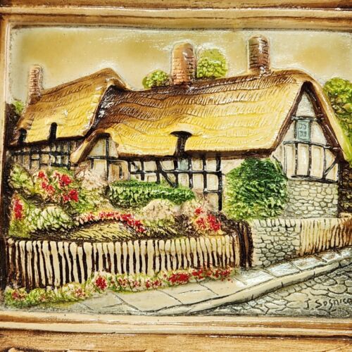 Molded Resin 3D Wall Art Cottage Shrubbery Street Scene Picture Frame Signed