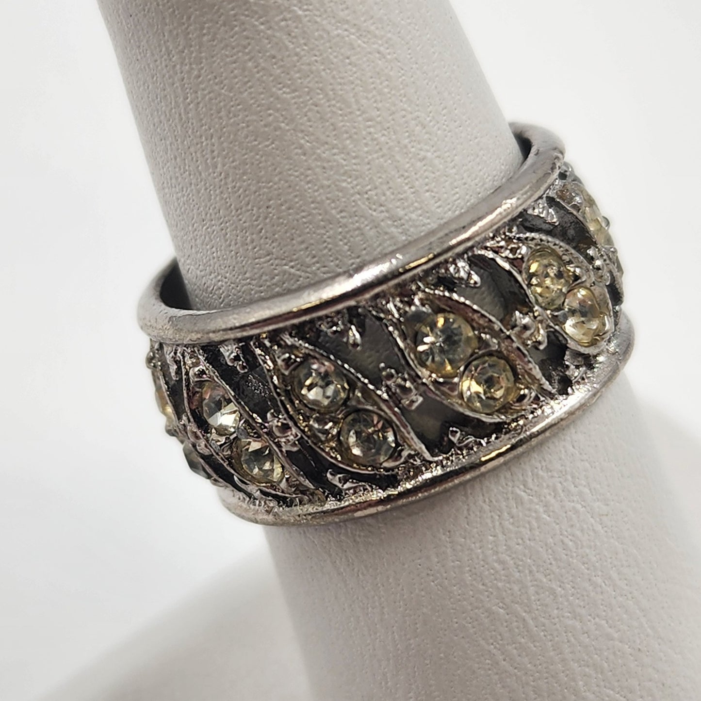 Silver Tone Eternity Ring with Clear Crystal Yellow Rhinestone Size 7 Vintage