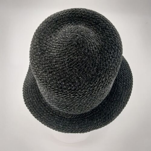 Knit Hat Black Grey Womans Fuzzy Nubby Bucket David's Vintage Headwear Medium 7"