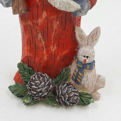 Christmas Santa Claus Resin Figurine Carved Look Holding Tree w Rabbit at Feet