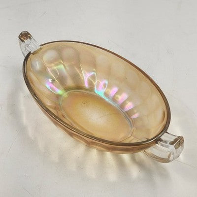 Jeannette Iridescent Carnival Glass Marigold Bowl Twin Clear Handle Large 10.5"