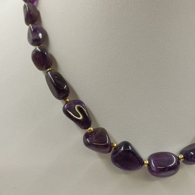 Statement Necklace with Gold Tone Beads and Glossy Natural Amethyst 18" Jewelry
