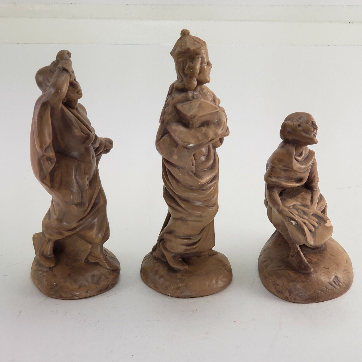 3 Atlantic Mold Ceramic Nativity Figurines Brown Glaze Wisemen & Beggar