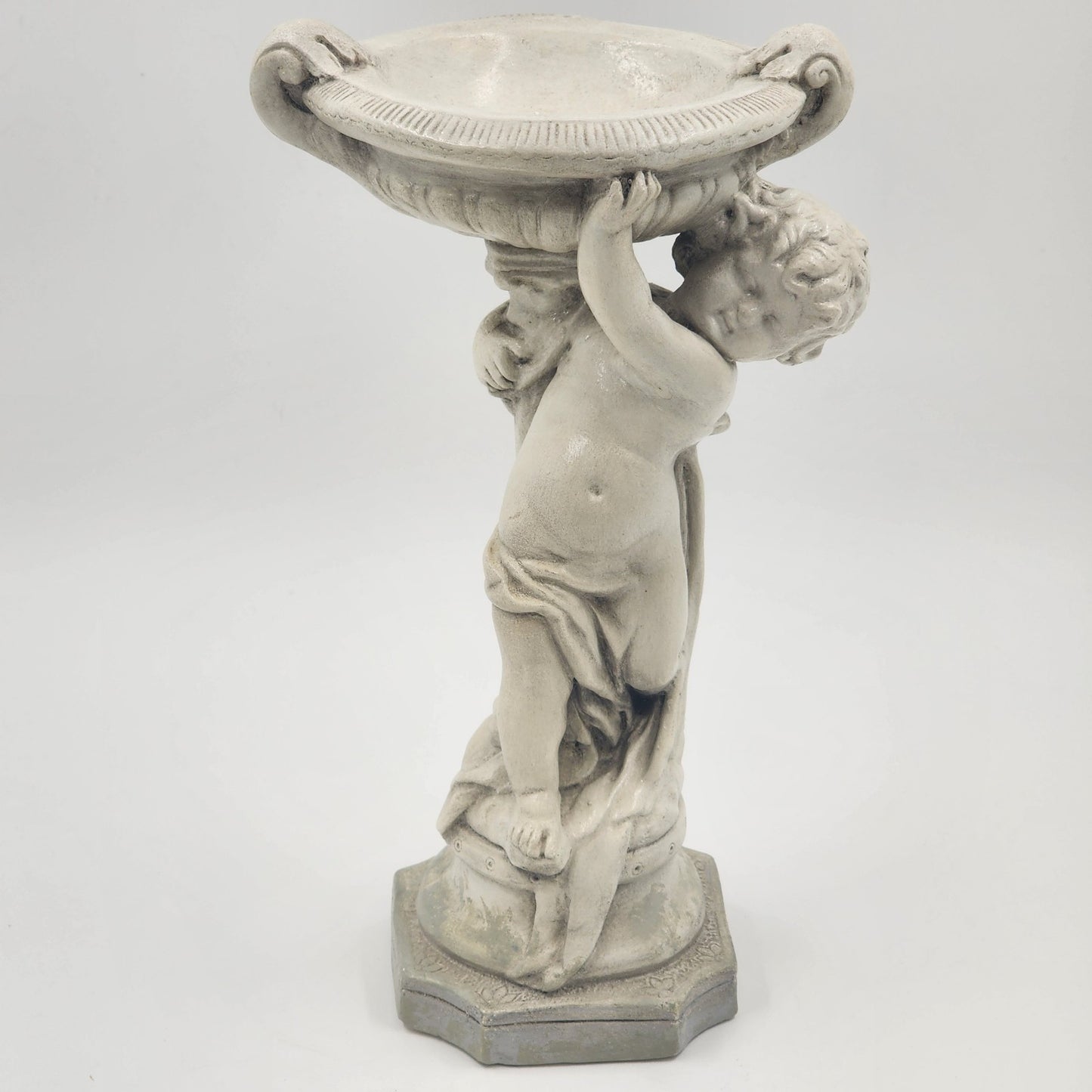 Alexander Backer Chalkware Cherub Angel Statue w/ Bowl Pedestal Ceramic 12" 1940