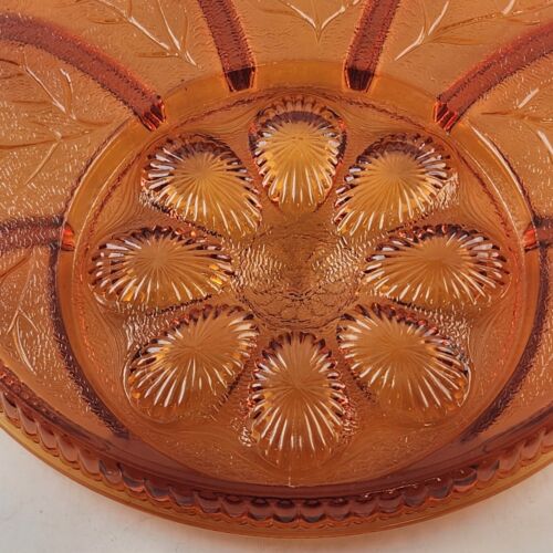 Indiana Glass Pebble Leaf Amber Egg Relish Serving Platter Vintage 12.75" Round