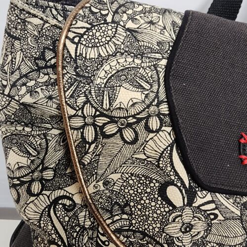 Sakroots Black White Flap Backpack Drawstring Peace Pattern Cotton Leather Trim