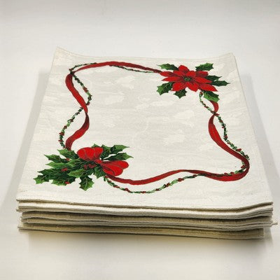 Set of 11 White Damask Placemats 18"x13" Holly Poinsettia Christmas Design