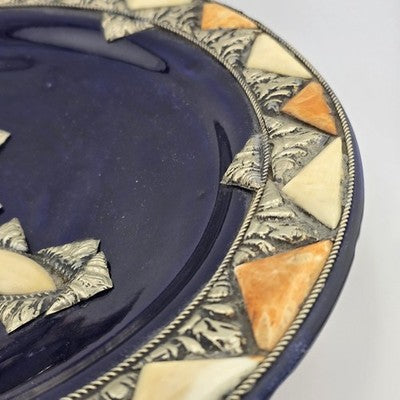 French Ceramic Centerpiece Bowl Cobalt Blue Glaze Silver Hand Carved Shell Inlay