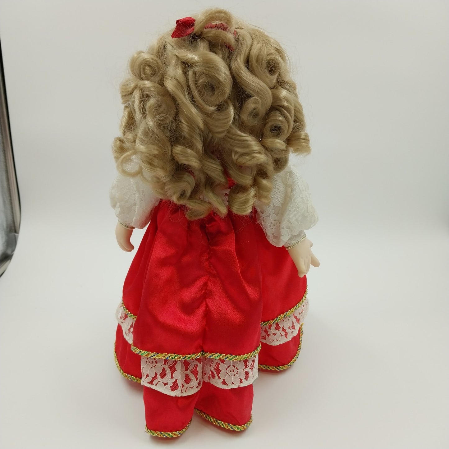 Precious Moments Doll in Red Dress White Ribbon with Stand 16"