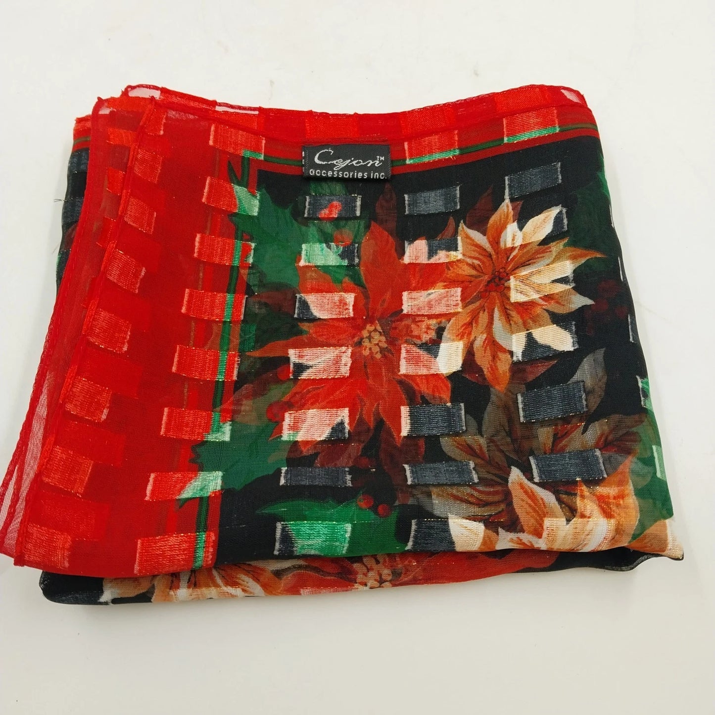 Cejon Accessories Oblong Scarf Multicolor Floral Black Red Border 60” x 13"