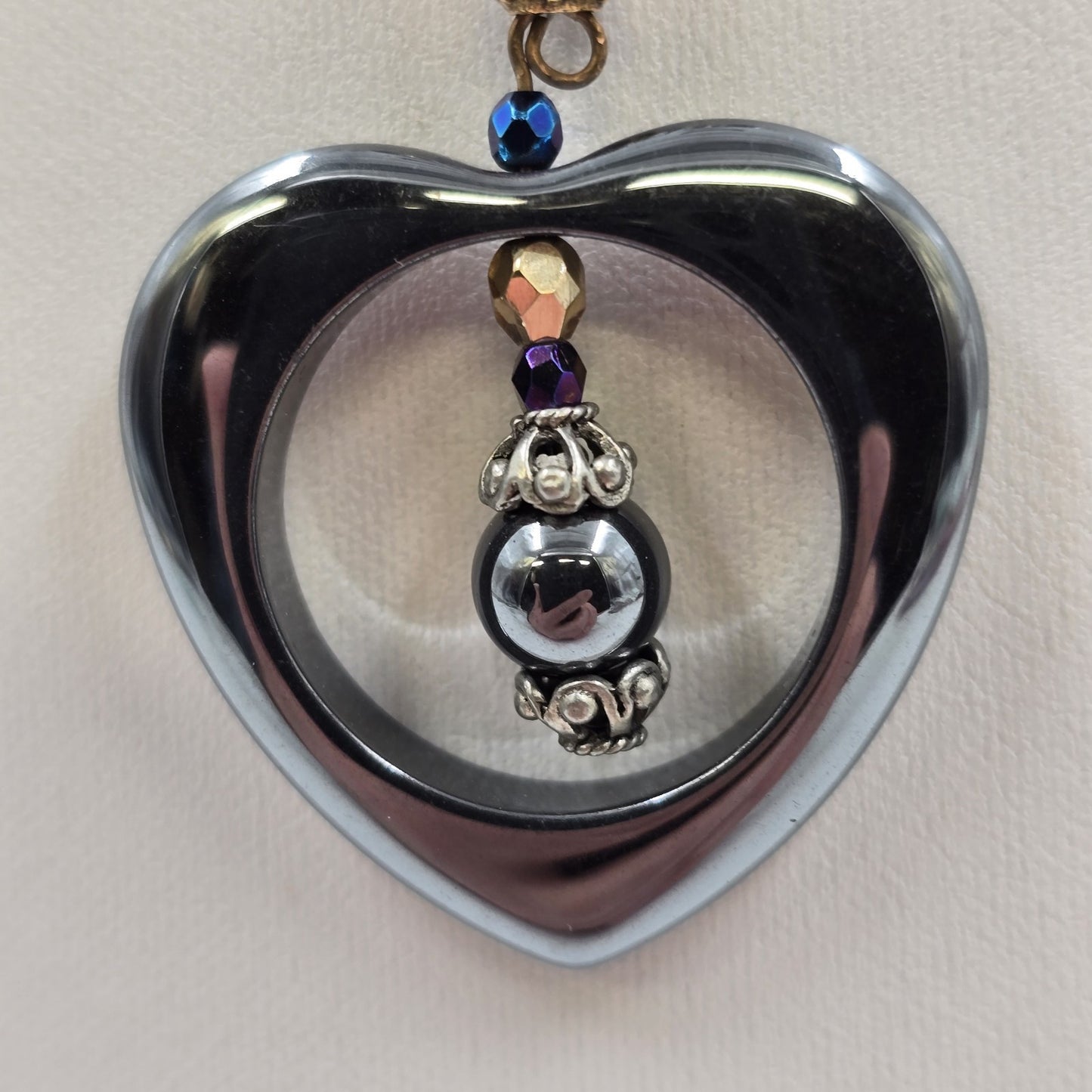 Black Heart Hematite Pendant in Shiny Gray Beads Brown Faux Pearl Necklace