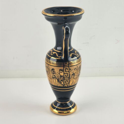 Greek Vase Black 24K Gold Vintage Handmade Mythology Images Marking 6.5" Greece