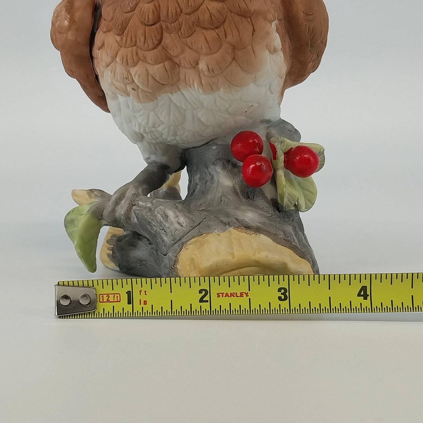 Horned Owl Porcelain Figurine on Log with Holly Red Berries Wildlife Decor 6.5"