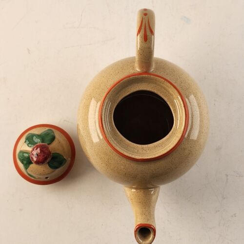 Omar Ware Tea Pot English Stoneware Beige Orange Green Trim England