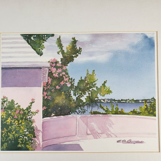 Watercolor Ocean Print 9x12 Signed Matted Beach Scene Pink Green