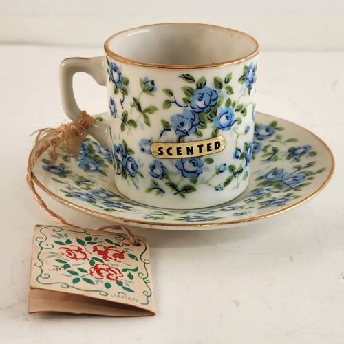 Enesco China Rose Blue Mini Teacup & Saucer Candle Porcelain Japan