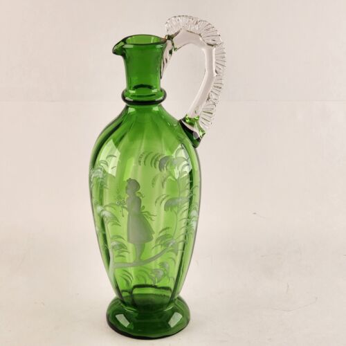 Hand Blown Green Glass Cruet 9½" Hand Painted Girl & White Foliage No Stopper