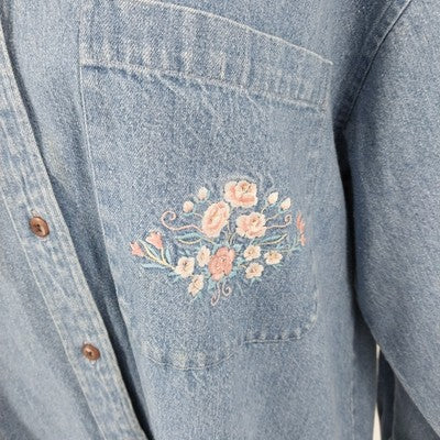 Hunt Club Denim Shirt L Women's Floral Embroidered Pocket Long Sleeve Cotton