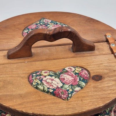 Half Bushel Wooden Sewing Basket Split Lid Heart Handle 15"x13" Floral Lined