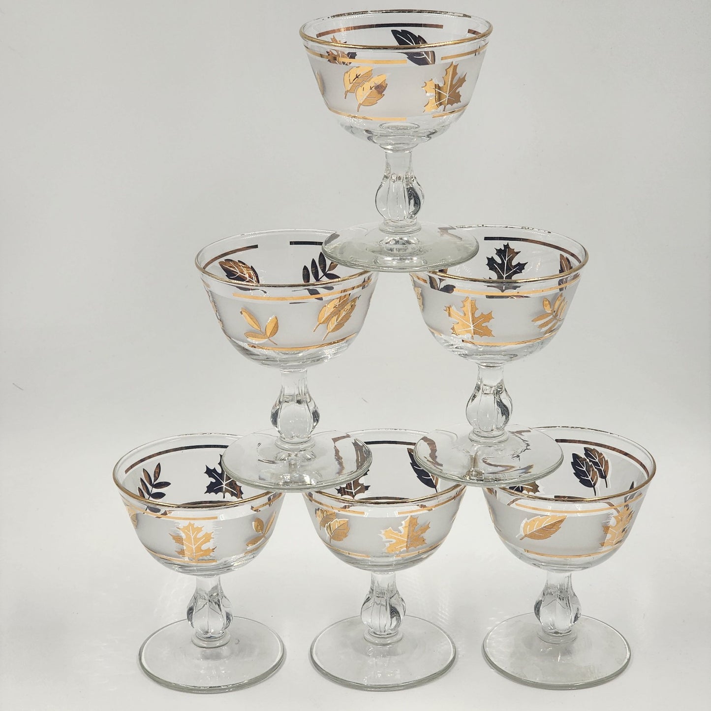6 Libbey Stemmed Wine Glasses Gold Leaf Goblets Mid Century Modern 4.5"h