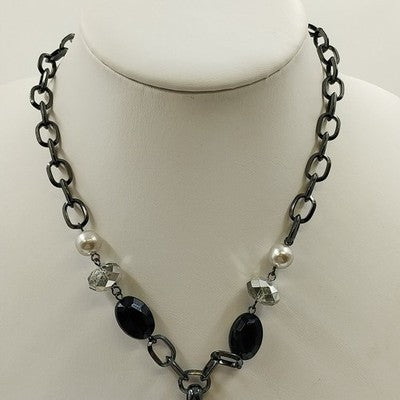 Black Chain with White Faux Pearl & Black Beads with Large Open Pendant Marbled