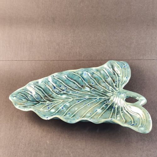 Ken Ocorr Pottery Aqua Blue Green Leaf Shell Trinket Dish Nut/Candy Bowl 10" L