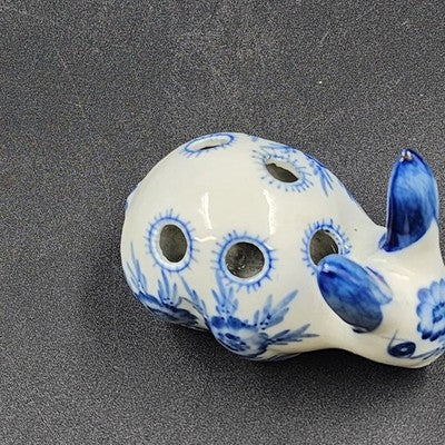 Blue White Porcelain Bunny Rabbit Flower Frog 4.5" 5 Holes Floral Holder