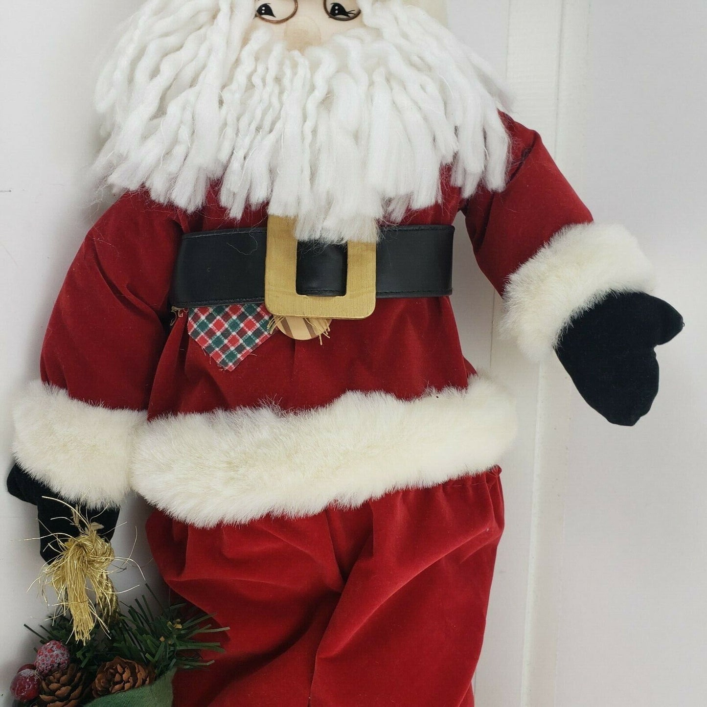 Red Velvet Santa Standing Faux Fur White Block Santa Figure Handmade Art Craft