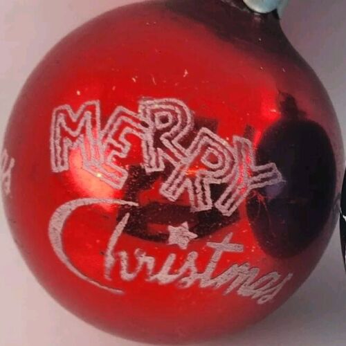2 Vintage Glass Christmas Tree Ornaments Red Blue Bals White Printing