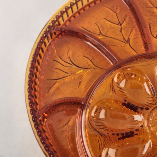 Indiana Glass Pebble Leaf Amber Egg Relish Serving Platter Vintage 12.75" Round