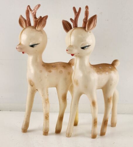 2 Soft Plastic Reindeer Fawns Faded Color Figurines Christmas 8" Tall Vintage