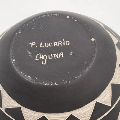 Laguna Pueblo Pottery Vase Bowl 7" Black White Heartline Deer Signed Lucario