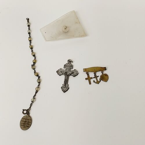3 Religious Jewelry Jesus Cross Pendant Pin Bracelet Vintage 1950s Era