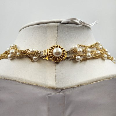 Necklace in Gold Tone Multi Chains with Faux Pearls Double Strand 11" Box Clasp