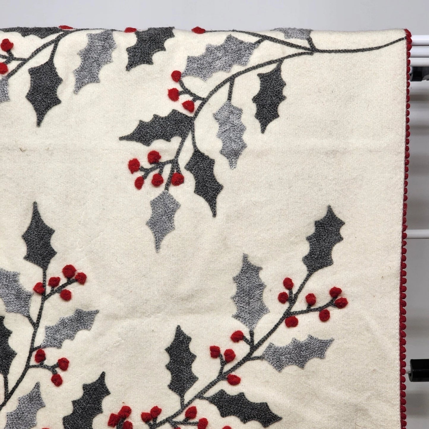 Artisan NY Home Table Runner Holly Bough Embroidered Red Trim 72"x18" Holiday