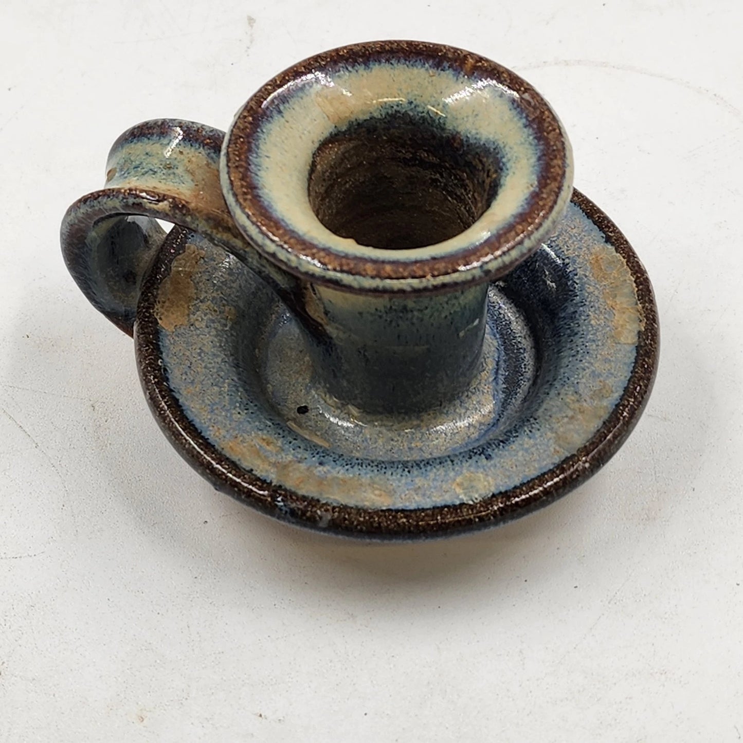 Doug Sassi Signed Pottery Candle Holder Vintage Blue Brown Handcrafted 4" x 2.5"