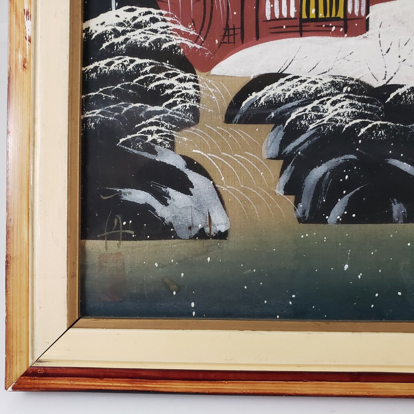 Japanese Landscape Silk Painting Vintage Wood Framed 18"x15” No Glass & 2 Tears
