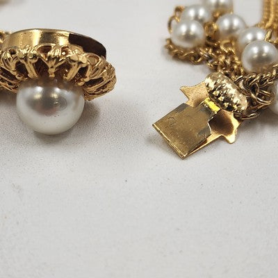 Necklace in Gold Tone Multi Chains with Faux Pearls Double Strand 11" Box Clasp