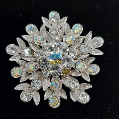 Silver Tone & Crystal Clear Rhinestone Flower with Leaf Large Brooch Pendant Pin