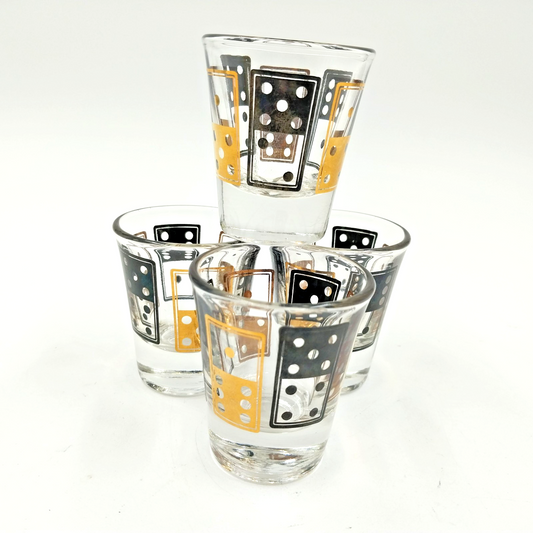4 Anchor Hocking Black Gold Domino Shot Glasses Vintage 2.25" Barware
